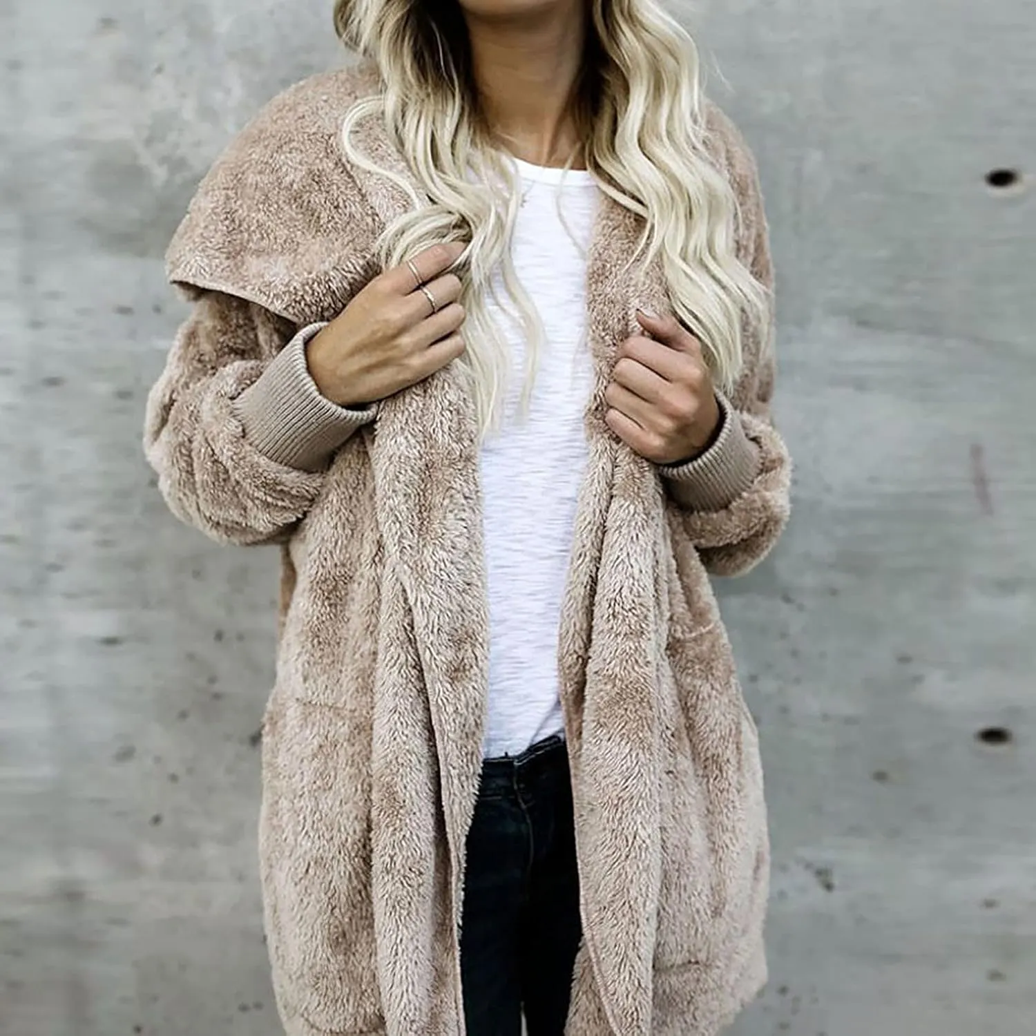 Women's Oversized Open Front Cardigan Coat Hooded Draped Pockets Jackets Plus Size Plush Coats Winter Sweater Outwear