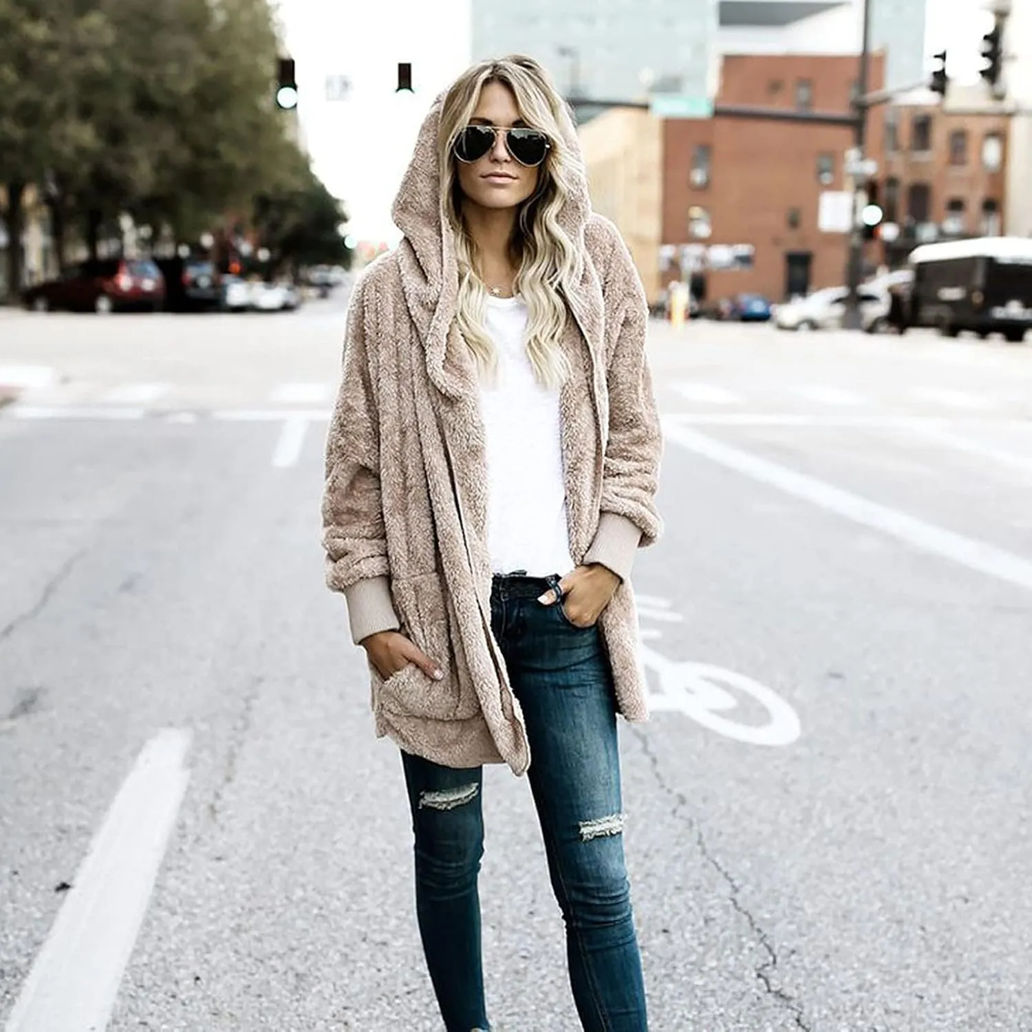 Women's Oversized Open Front Cardigan Coat Hooded Draped Pockets Jackets Plus Size Plush Coats Winter Sweater Outwear