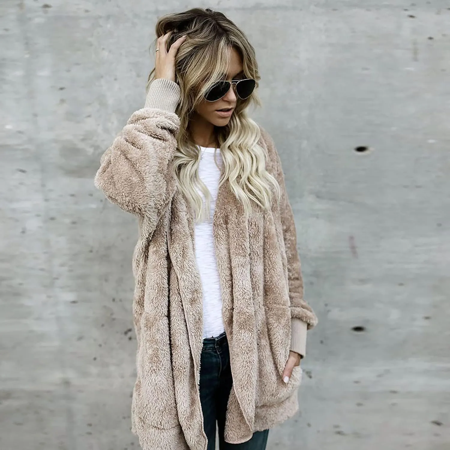 Women's Oversized Open Front Cardigan Coat Hooded Draped Pockets Jackets Plus Size Plush Coats Winter Sweater Outwear