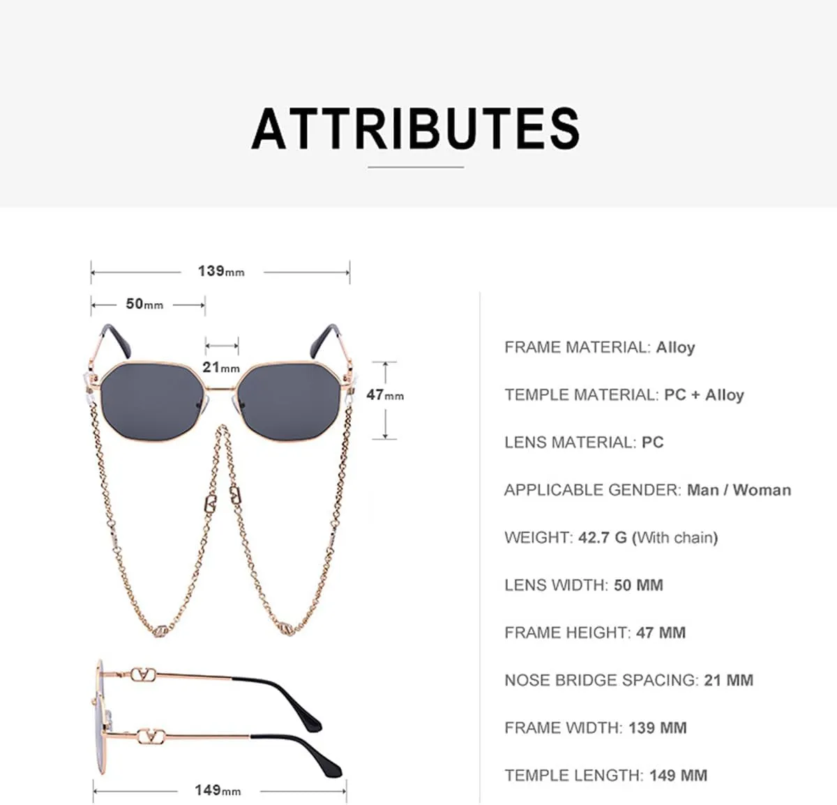 Women's Oversized Oval Sunglasses with Chain for Driving, Photos, Golf - UV Protection and Glare Reduction
