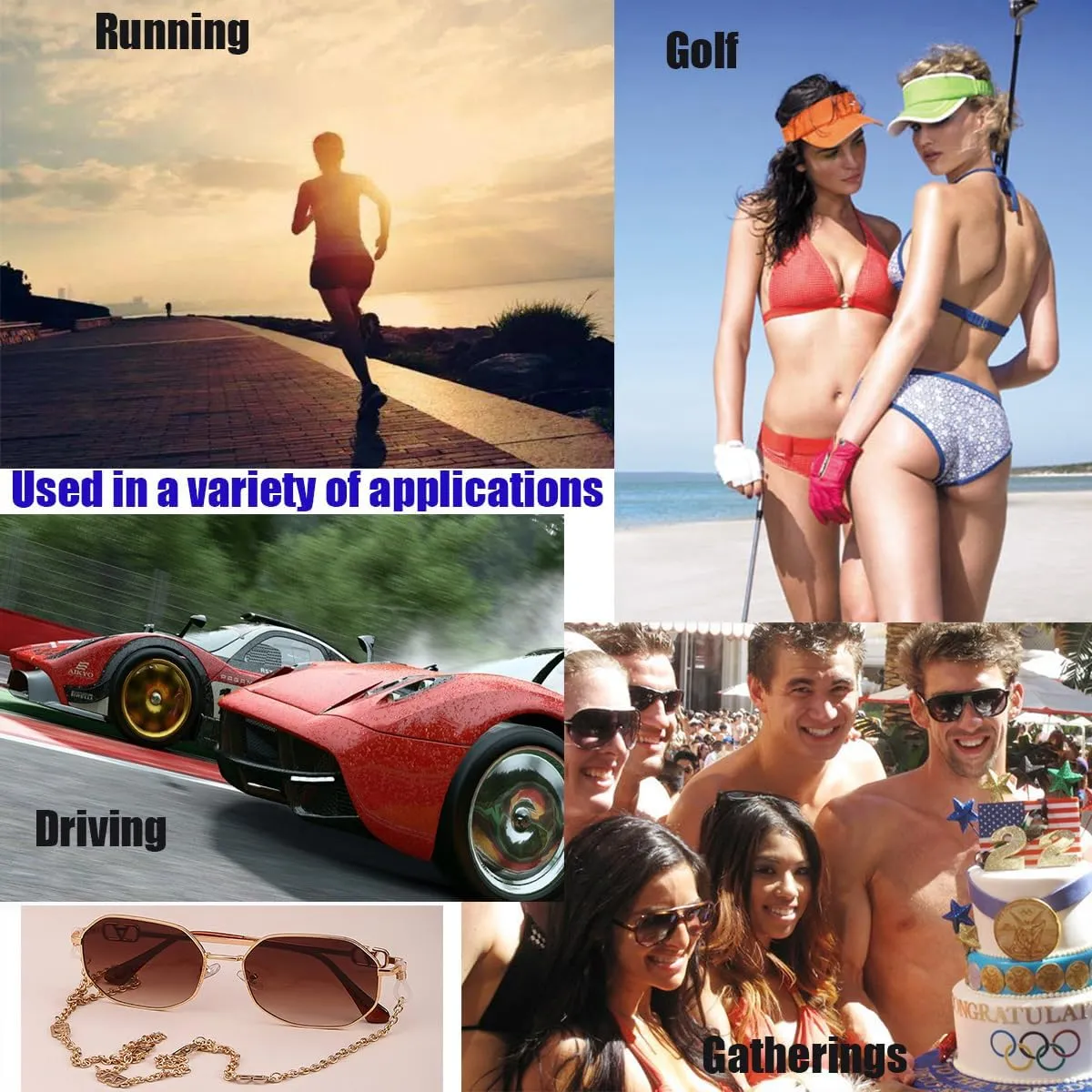 Women's Oversized Oval Sunglasses with Chain for Driving, Photos, Golf - UV Protection and Glare Reduction