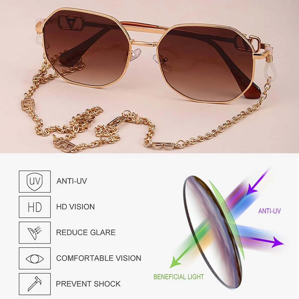 Women's Oversized Oval Sunglasses with Chain for Driving, Photos, Golf - UV Protection and Glare Reduction