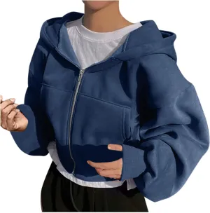 Womens Oversized Zip Up Hoodies Sweatshirt Long Sleeve Jackets Coat with Pockets Fall Winter Casual Cropped Outerwear
