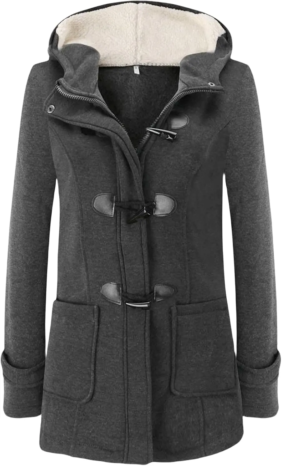 Womens Pea Coat Horn Button Fleece Thicken Coat Zipper Hooded Sherpa Jacket Warm Winter Coats with Pockets Outerwear