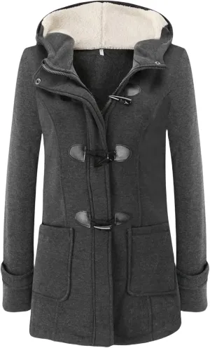 Womens Pea Coat Horn Button Fleece Thicken Coat Zipper Hooded Sherpa Jacket Warm Winter Coats with Pockets Outerwear