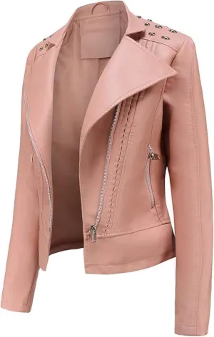 Women's Peach Leather Moto Biker Jacket - Studded Asymmetrical Zip-Up Slim Fit Fashion Coat (Peach, XL)