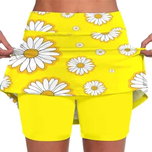 Womens Pleated Tennis Skirts Floral Printed Style Summer Fashion Skinny Pants Mid Waisted Skirt with Short Underneath