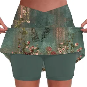 Womens Pleated Tennis Skirts Floral Printed Summer Skinny Pants Mid Waisted Activewear Skirt with Shorts Underneath