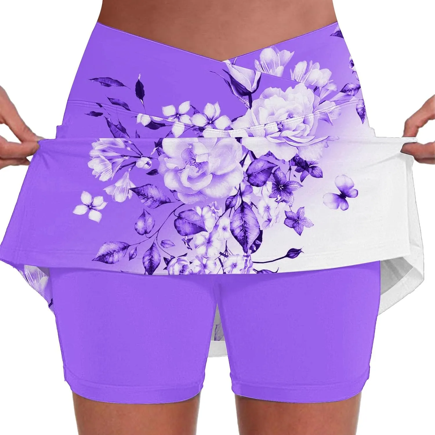 Womens Pleated Tennis Skirts Floral Printed Summer Skinny Pants Mid Waisted Activewear Skirt with Shorts Underneath