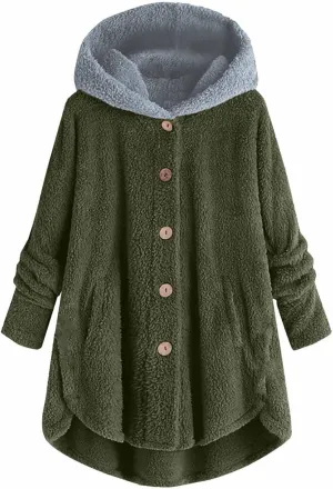 Women's Plus Size Button Plush Jackets Fashion Winter Coats for Women Tops Hooded Loose Cardigan Warm Wool Jacket