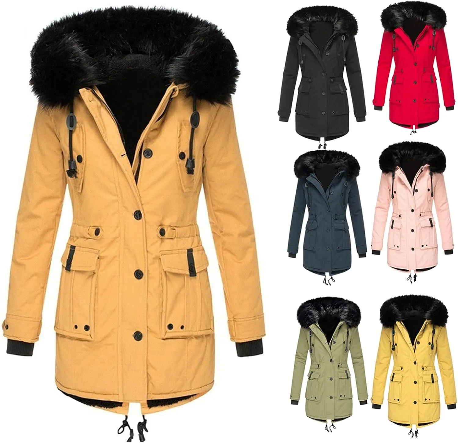 Womens Plus Size Winter Coat Warm Thicken Fleece Lined Parka Overcoat Faux Fur Collar Qulited Jacket