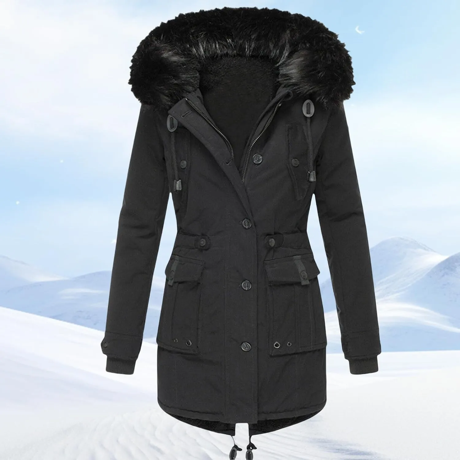 Womens Plus Size Winter Coat Warm Thicken Fleece Lined Parka Overcoat Faux Fur Collar Qulited Jacket