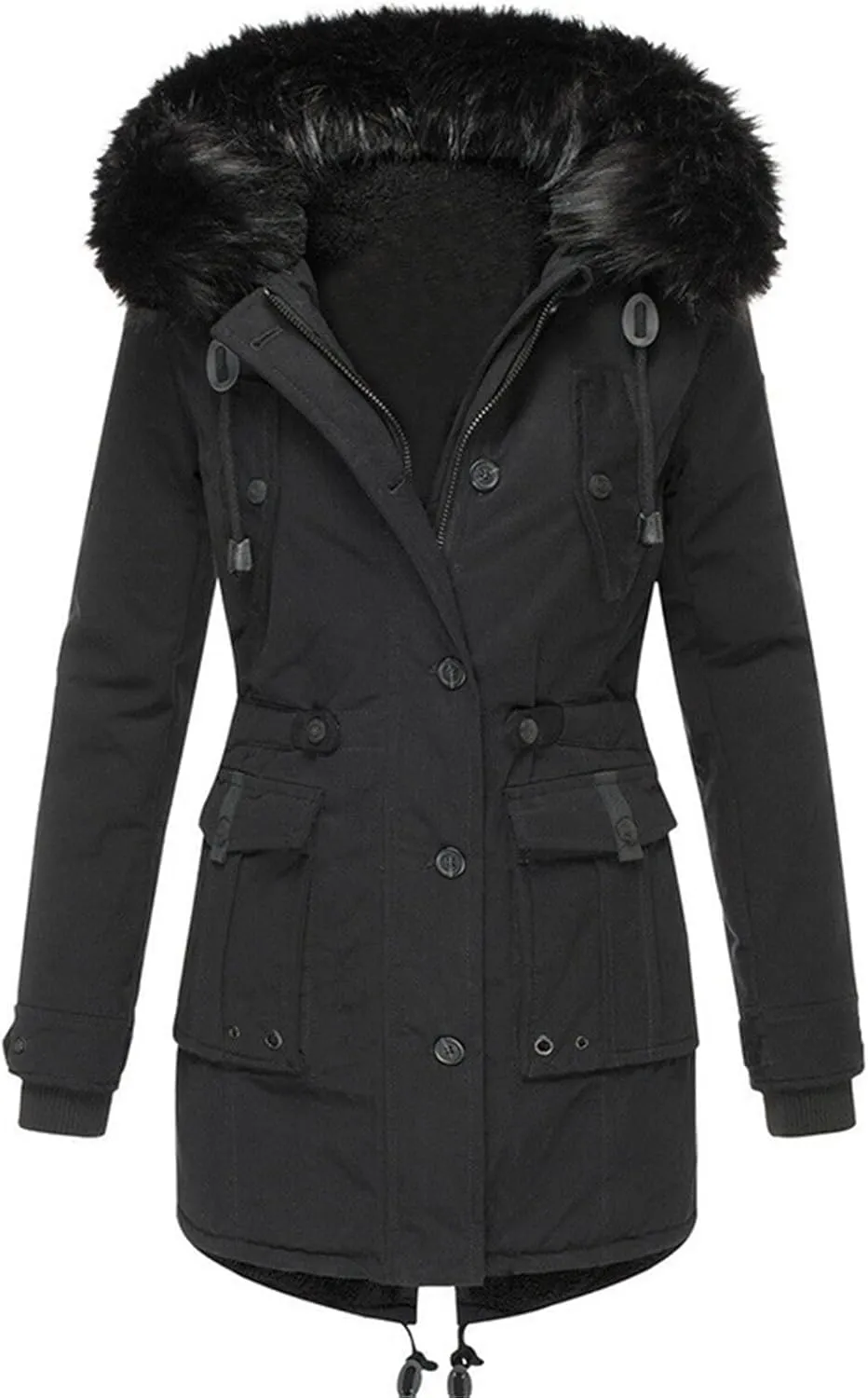 Womens Plus Size Winter Coat Warm Thicken Fleece Lined Parka Overcoat Faux Fur Collar Qulited Jacket