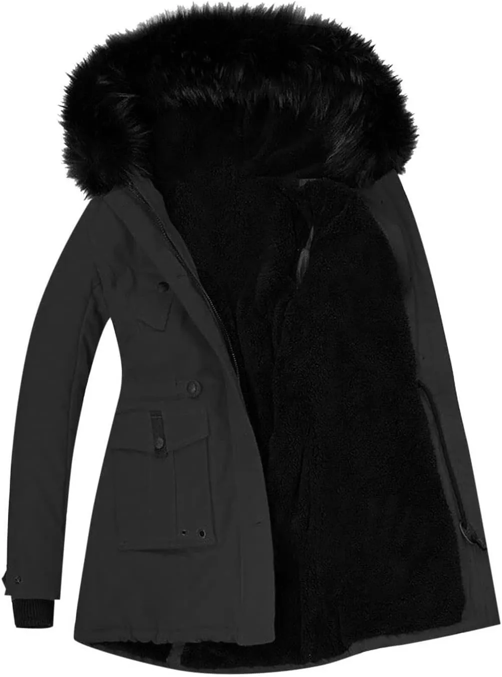 Womens Plus Size Winter Coat Warm Thicken Fleece Lined Parka Overcoat Faux Fur Collar Qulited Jacket