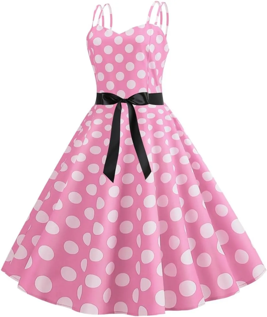 Women's Polka Dot Swing Dress, Vintage 50s Halter Sleeveless Cocktail Dress, Rockabilly Prom Tea Party Dress
