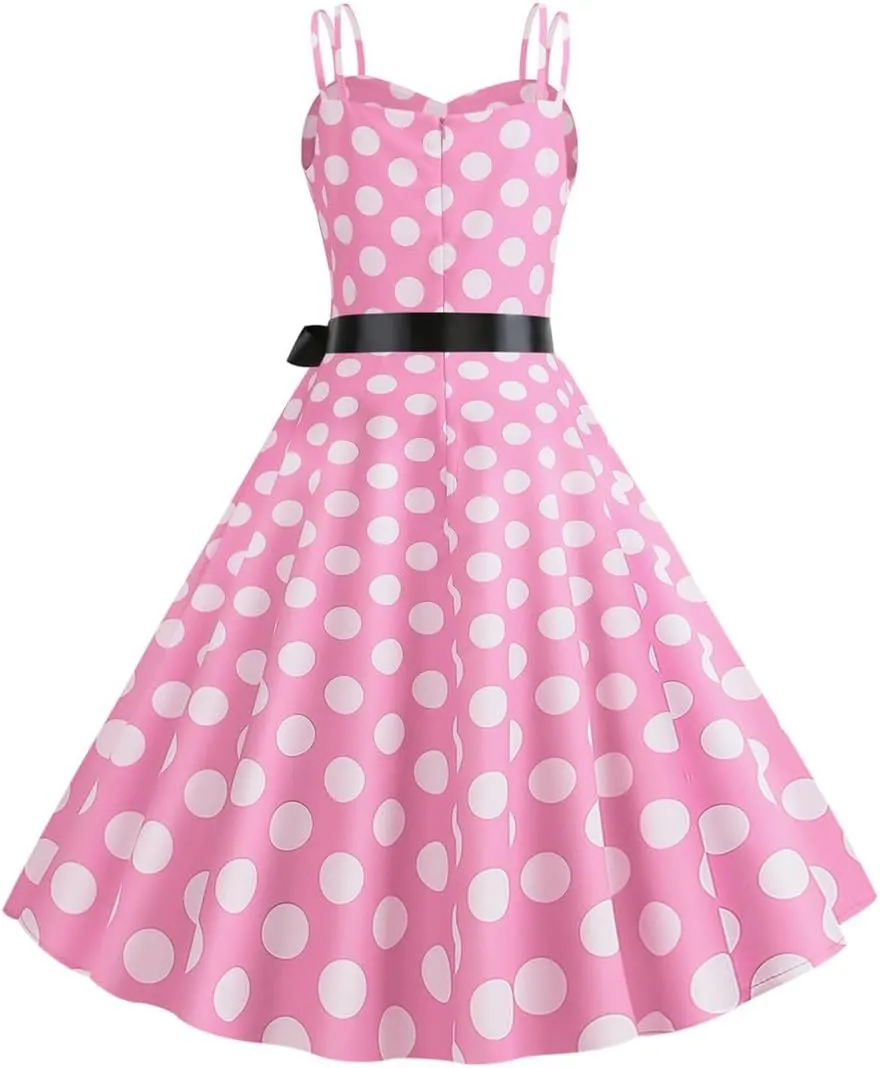 Women's Polka Dot Swing Dress, Vintage 50s Halter Sleeveless Cocktail Dress, Rockabilly Prom Tea Party Dress
