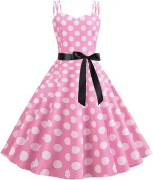 Women's Polka Dot Swing Dress, Vintage 50s Halter Sleeveless Cocktail Dress, Rockabilly Prom Tea Party Dress