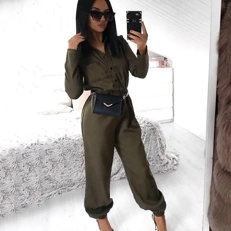 Women's Polyester Long-Sleeved High-Waist Jumpsuit