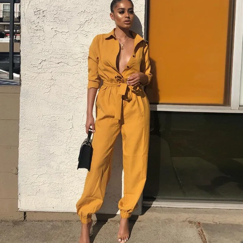 Women's Polyester Long-Sleeved High-Waist Jumpsuit