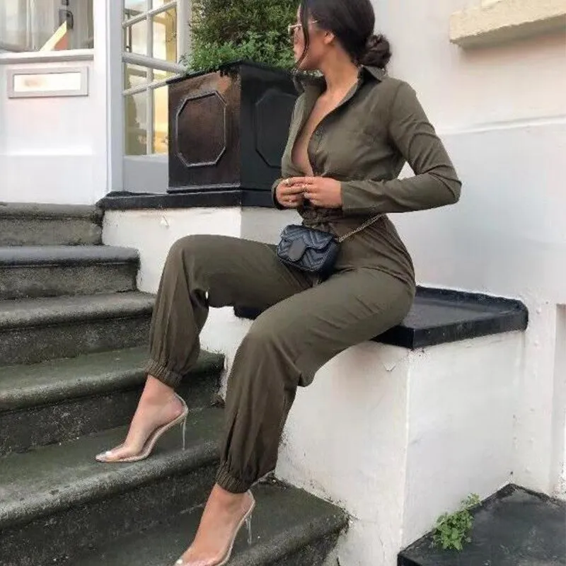 Women's Polyester Long-Sleeved High-Waist Jumpsuit