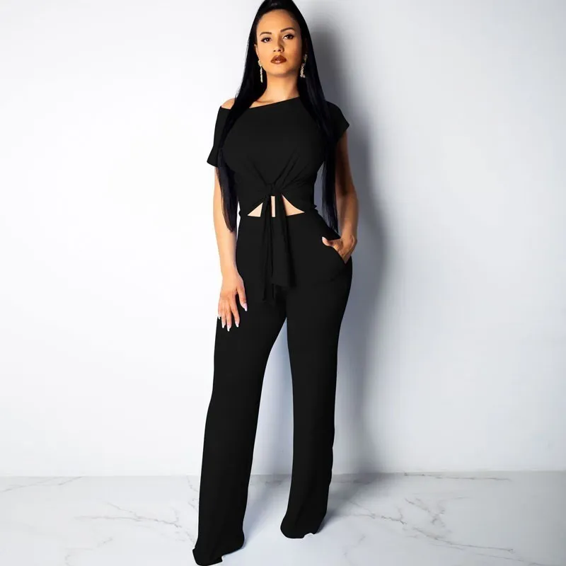 Women's Polyester Slim Two-Piece O-Neck Jumpsuit