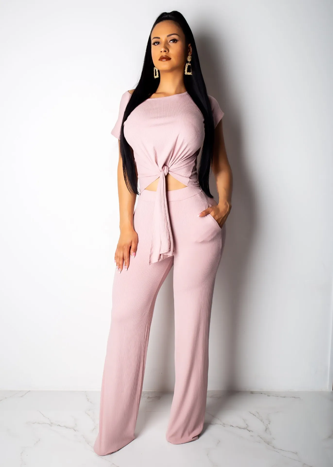 Women's Polyester Slim Two-Piece O-Neck Jumpsuit