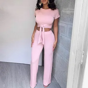 Women's Polyester Slim Two-Piece O-Neck Jumpsuit