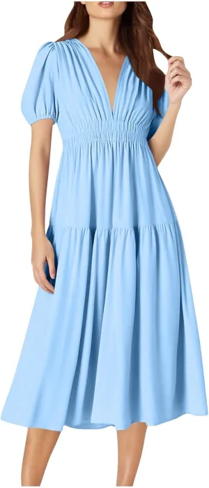 Women's Puff Sleeve Tiered Maxi Dresses Comfy V-Neck Flowy Sundress Empire Waist Pocket Casual Summer Elegant Soft Dress