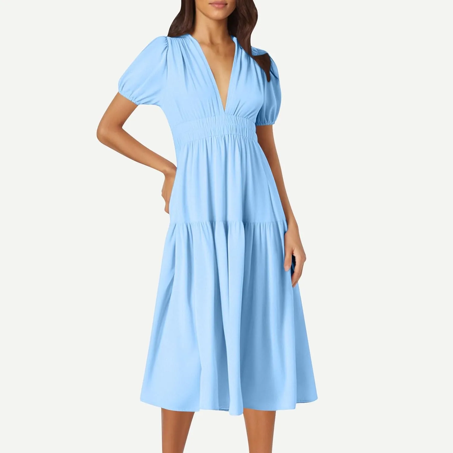 Women's Puff Sleeve Tiered Maxi Dresses Comfy V-Neck Flowy Sundress Empire Waist Pocket Casual Summer Elegant Soft Dress