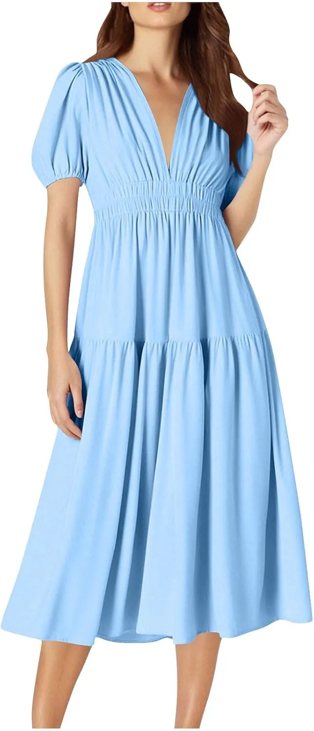 Women's Puff Sleeve Tiered Maxi Dresses Comfy V-Neck Flowy Sundress Empire Waist Pocket Casual Summer Elegant Soft Dress