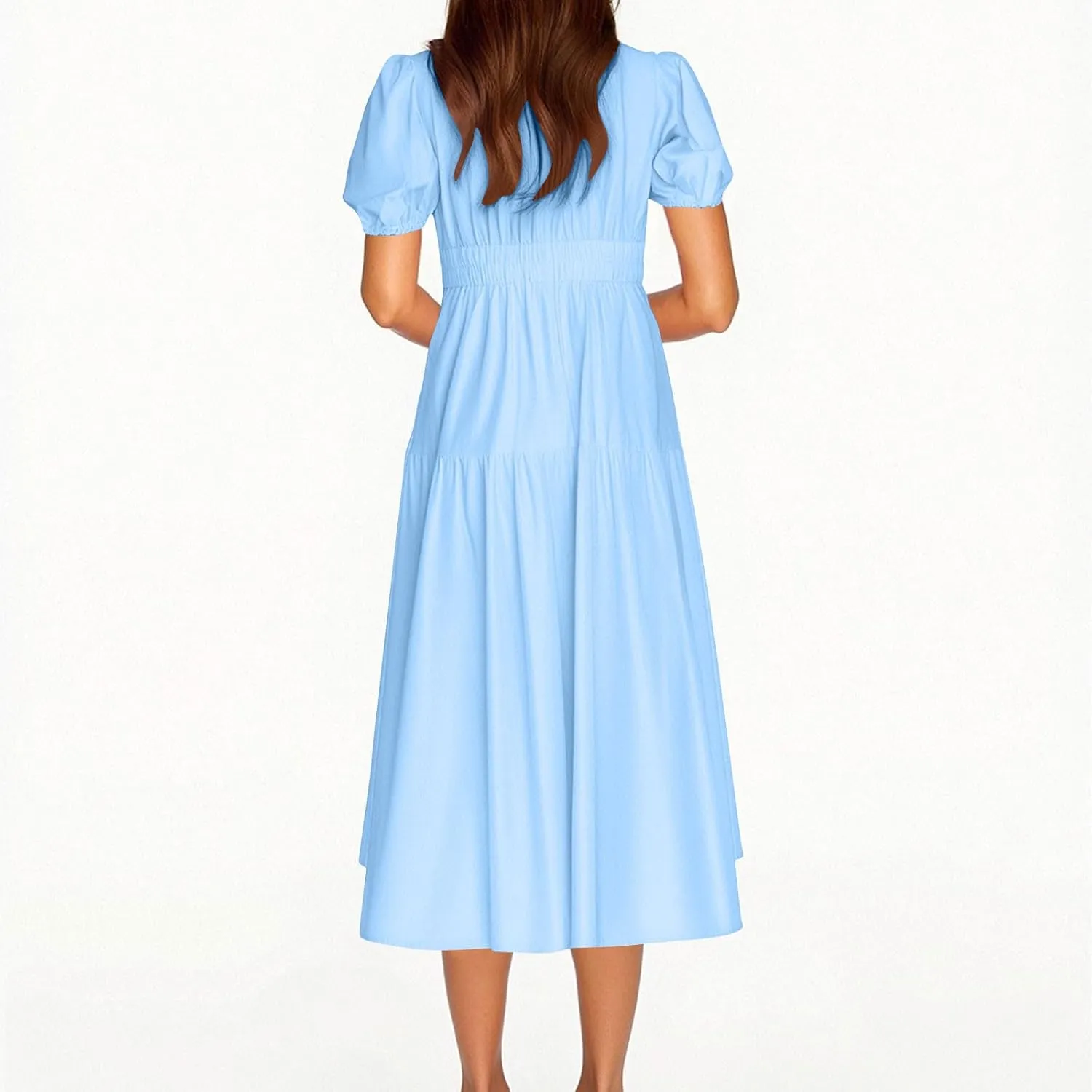 Women's Puff Sleeve Tiered Maxi Dresses Comfy V-Neck Flowy Sundress Empire Waist Pocket Casual Summer Elegant Soft Dress