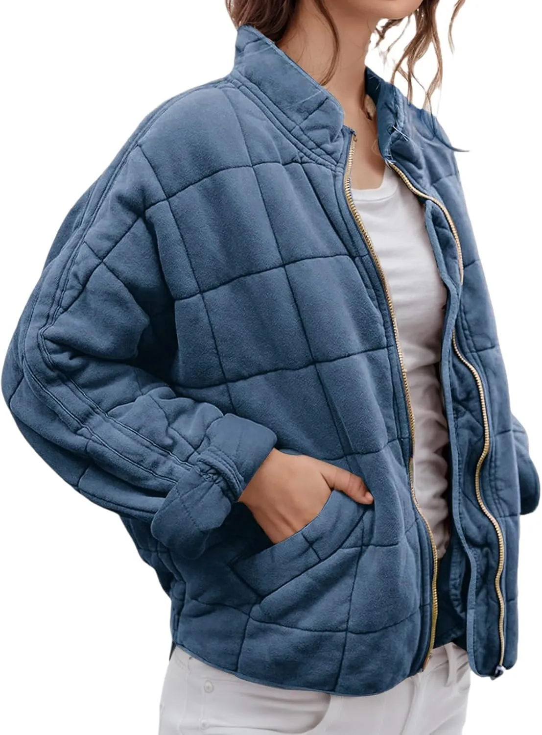 Womens Puffer Quilted Jacket Lightweight Dolman Long Sleeve Down Coats Casual Winter Warm Padded Jackets Outwear