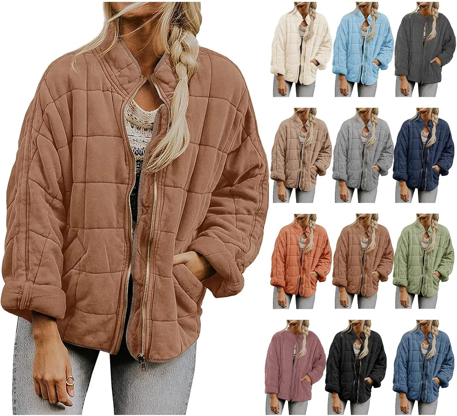 Womens Puffer Quilted Jacket Lightweight Dolman Long Sleeve Down Coats Casual Winter Warm Padded Jackets Outwear