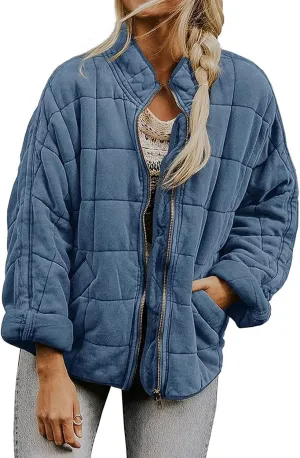 Womens Puffer Quilted Jacket Lightweight Dolman Long Sleeve Down Coats Casual Winter Warm Padded Jackets Outwear