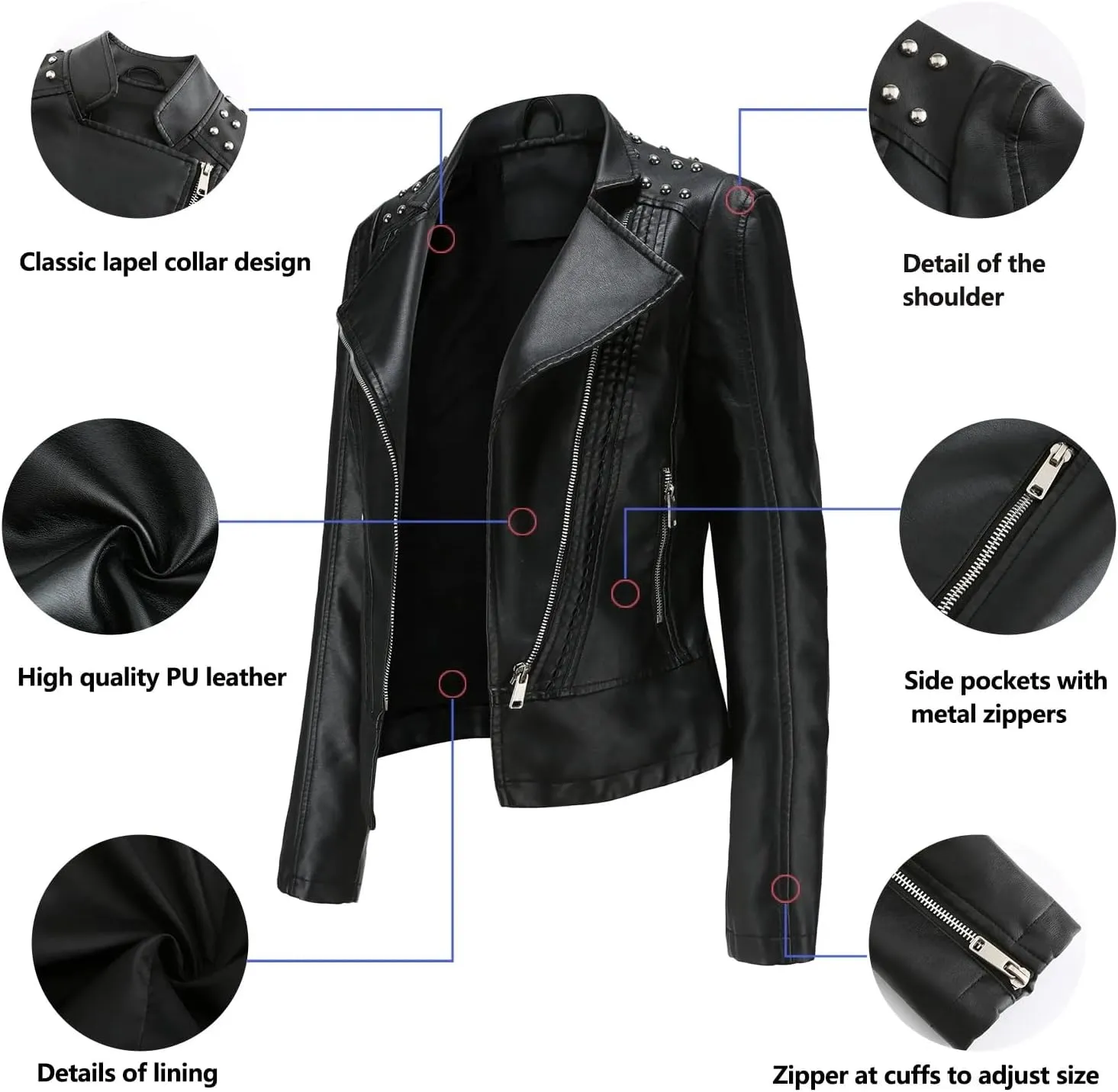 Women's Punk Rivet Leather Jacket Retro Turndown Collar Slim Casual Ladies Faux Soft Leather Moto Biker Outerwear