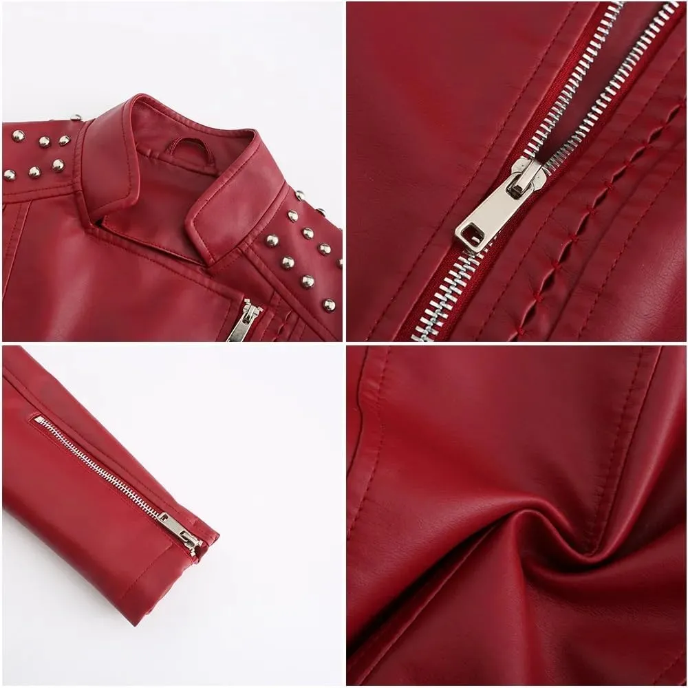 Women's Punk Rivet Leather Jacket Retro Turndown Collar Slim Casual Ladies Faux Soft Leather Moto Biker Outerwear