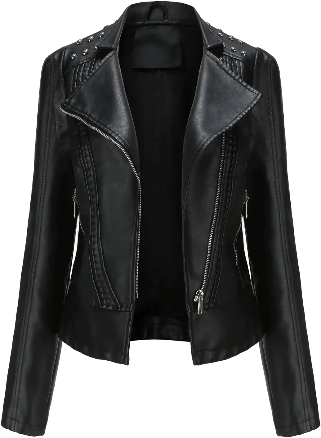 Women's Punk Rivet Leather Jacket Retro Turndown Collar Slim Casual Ladies Faux Soft Leather Moto Biker Outerwear