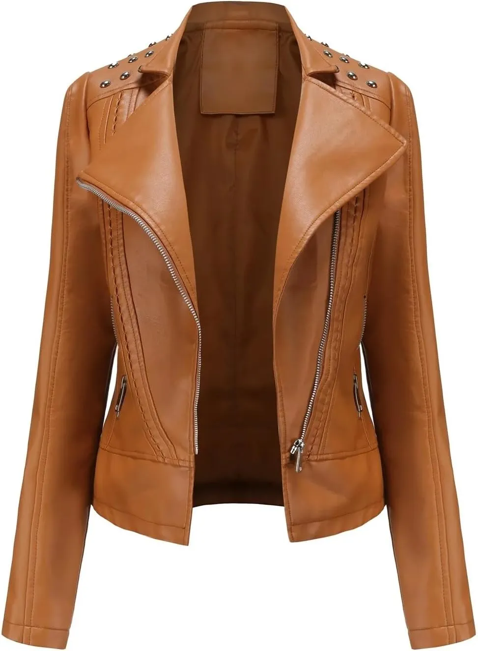 Women's Punk Rivet Leather Jacket Retro Turndown Collar Slim Casual Ladies Faux Soft Leather Moto Biker Outerwear