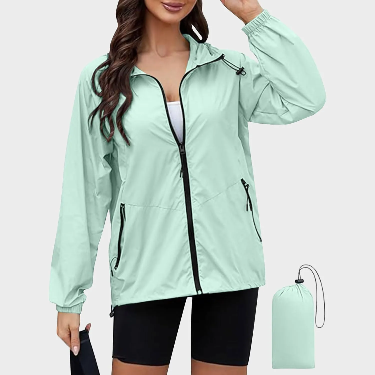 Women's Rain Waterproof Lightweight Hooded Jacket Coat Zip Up Casual Loose Windbreaker Packable Raincoat with Pockets