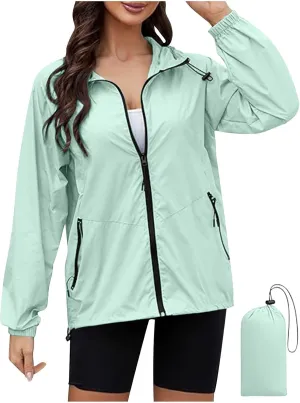 Women's Rain Waterproof Lightweight Hooded Jacket Coat Zip Up Casual Loose Windbreaker Packable Raincoat with Pockets