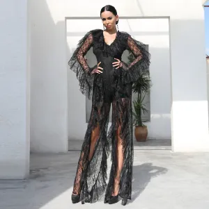 Women's Ruffles Long Sleeved Transparent Jumpsuit