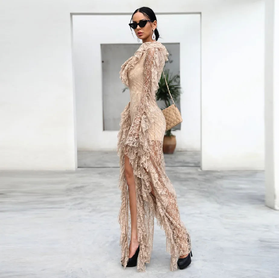 Women's Ruffles Long Sleeved Transparent Jumpsuit