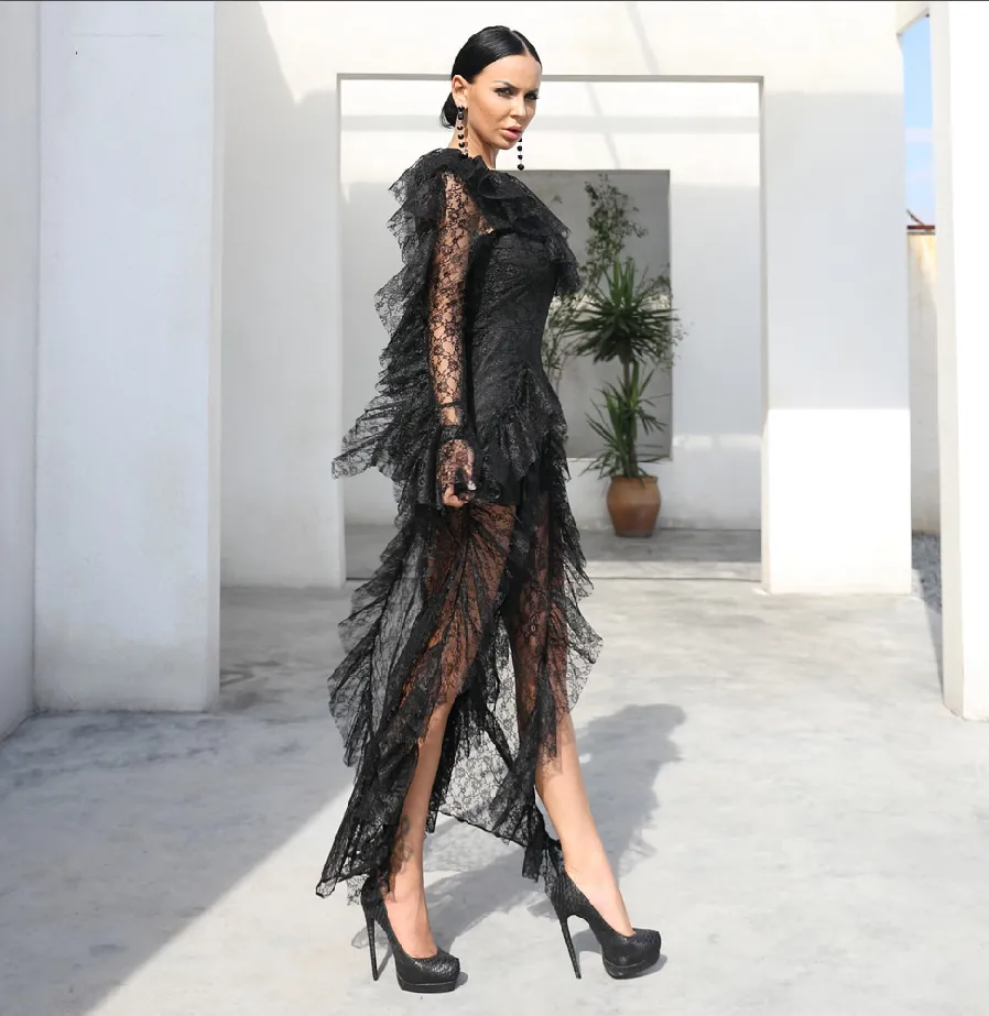 Women's Ruffles Long Sleeved Transparent Jumpsuit