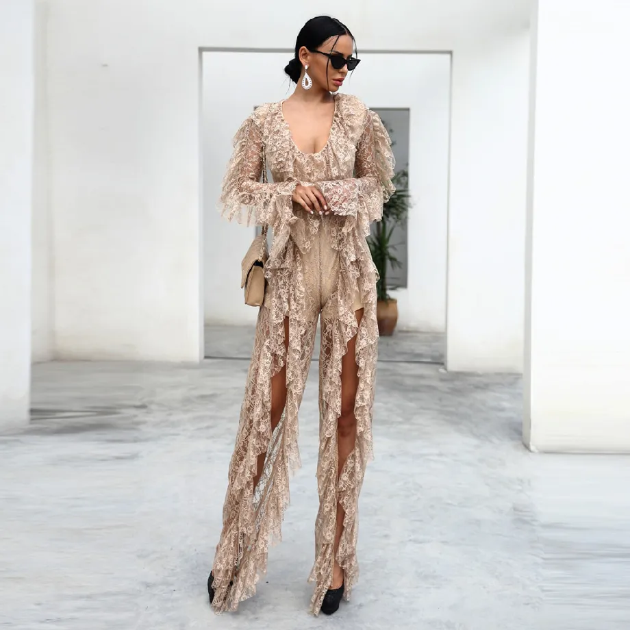 Women's Ruffles Long Sleeved Transparent Jumpsuit