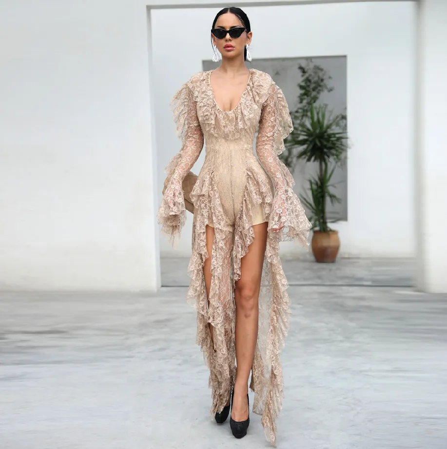 Women's Ruffles Long Sleeved Transparent Jumpsuit