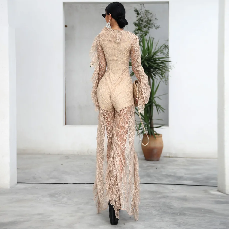 Women's Ruffles Long Sleeved Transparent Jumpsuit