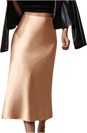 Womens Satin Skirts Business Casual Silk Midi Skirt High Waisted Long Skirts Solid Color Elegant Pencil Work Skirts