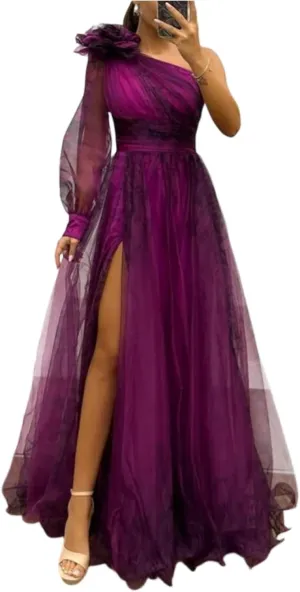 Womens Sexy Long Sleeve One Shoulder Mesh Maxi Dress with Flower Decor Split - Cocktail Party Floral Printing