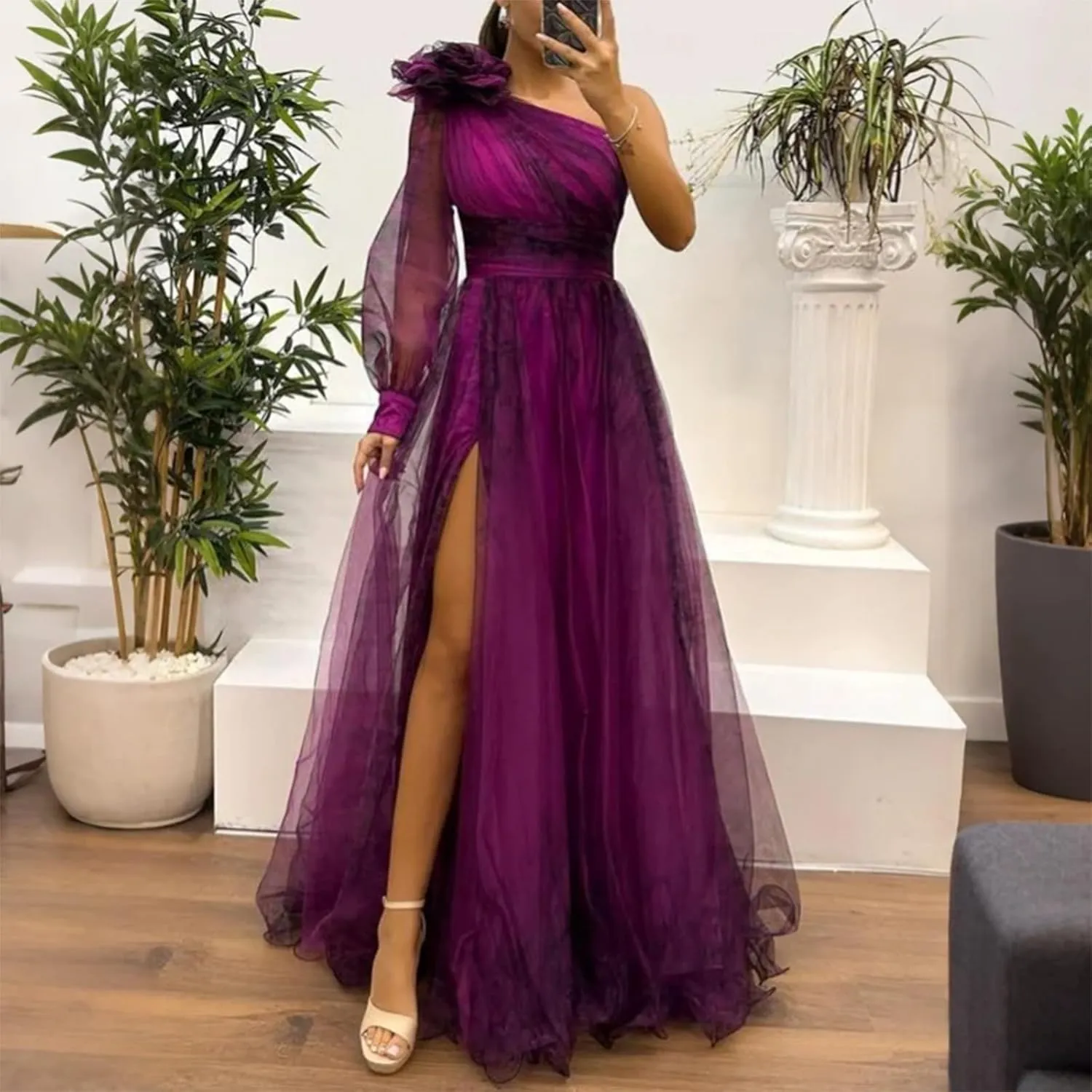 Womens Sexy Long Sleeve One Shoulder Mesh Maxi Dress with Flower Decor Split - Cocktail Party Floral Printing