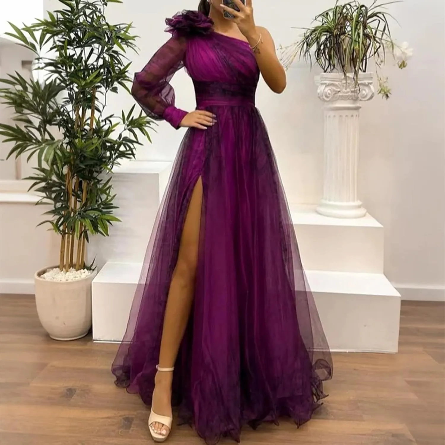 Womens Sexy Long Sleeve One Shoulder Mesh Maxi Dress with Flower Decor Split - Cocktail Party Floral Printing
